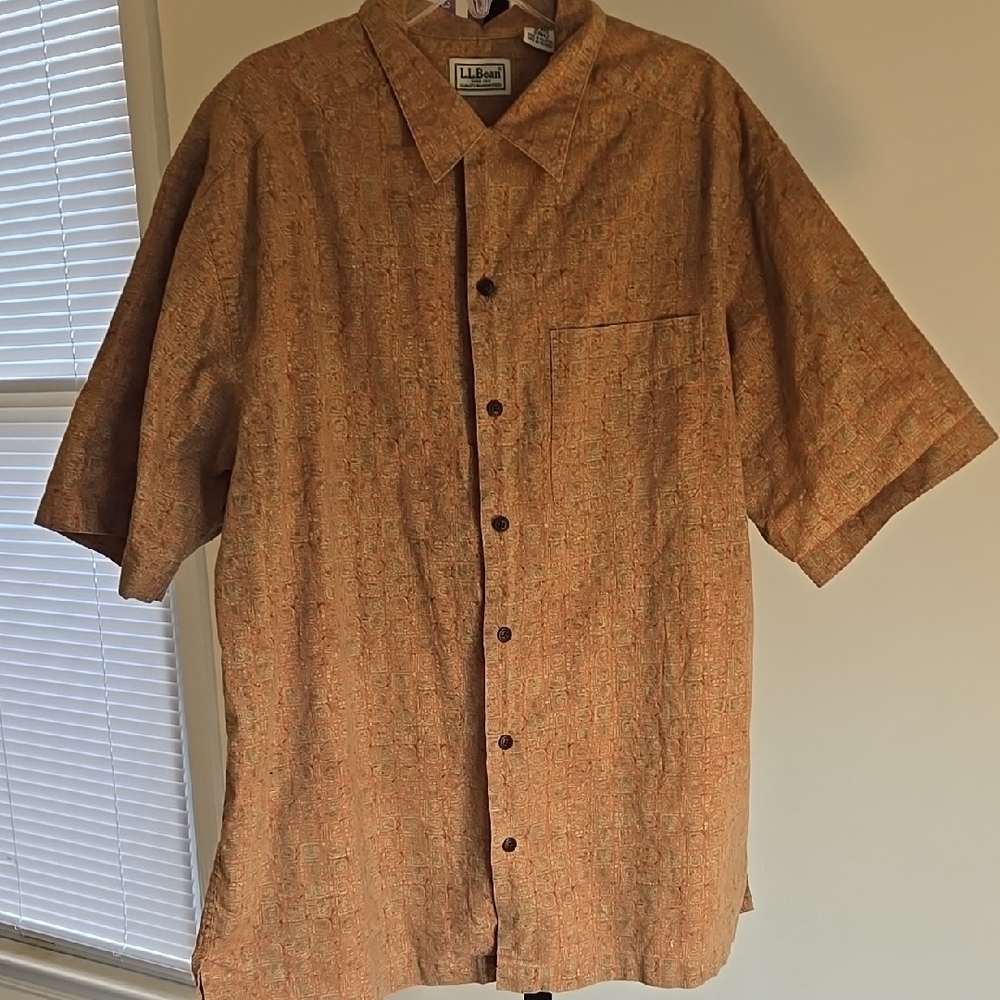 Vintage LL Bean Hawaiian Orange And Green Short Sleeve Button Up Shirt Size:M